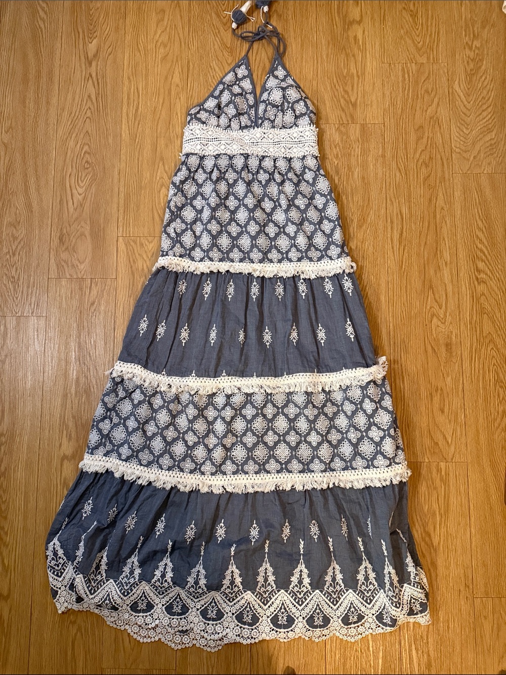 Bohemian Navy Embroidered Halter Maxi Dress with Ivory Lace
